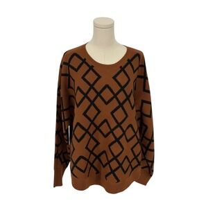 DESIGN HISTORY Women Brown Black Geometric Print Knit Sweater XL